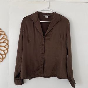Mark Shale Brown 100% Silk Button Up Blouse